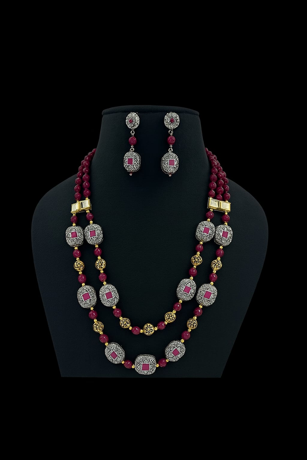 Ethnic two Layered mala Emerald Pink Beads  for women