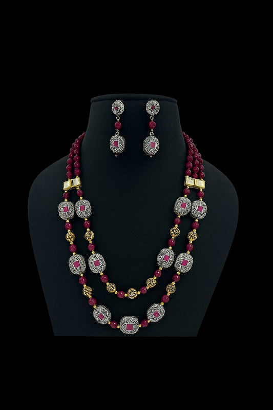 Ethnic two Layered mala Emerald Pink Beads  for women