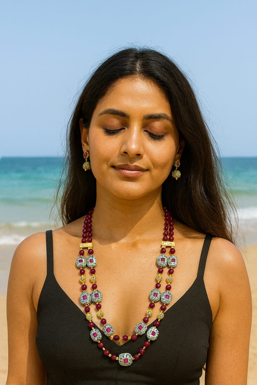 Ethnic two Layered mala Emerald Pink Beads  for women