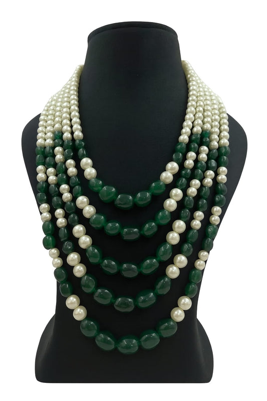 Elegant Multi-Layer Emerald Green Bead & White Pearl mala for Women