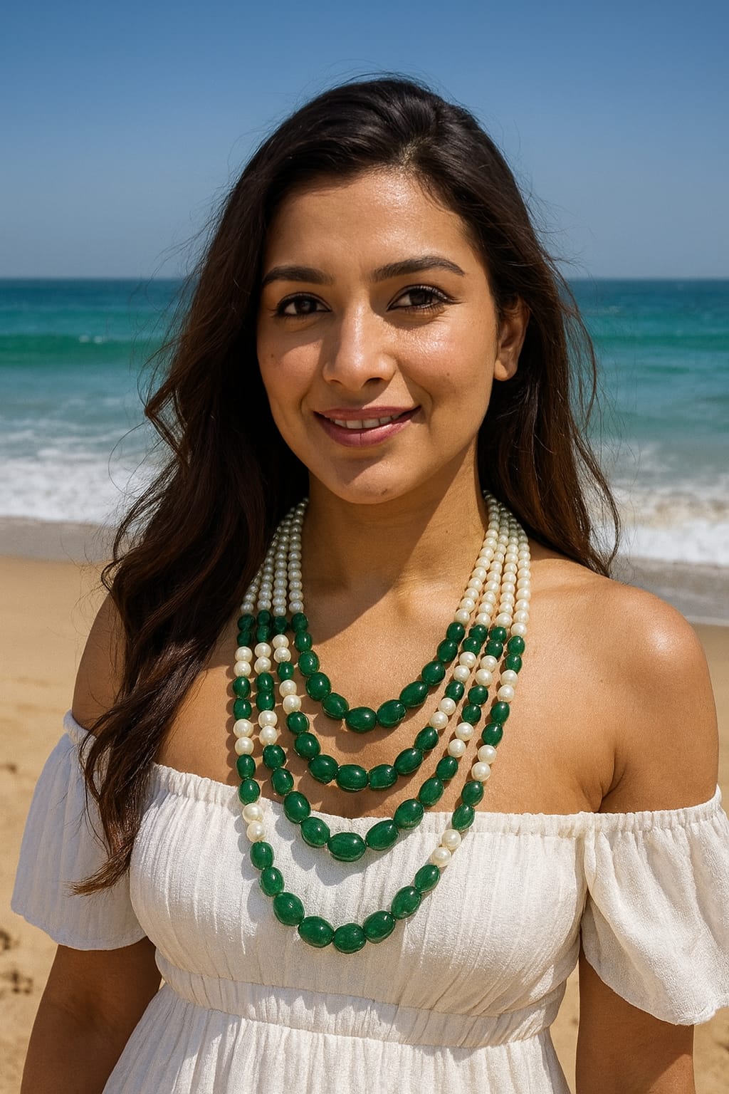 Elegant Multi-Layer Emerald Green Bead & White Pearl mala for Women
