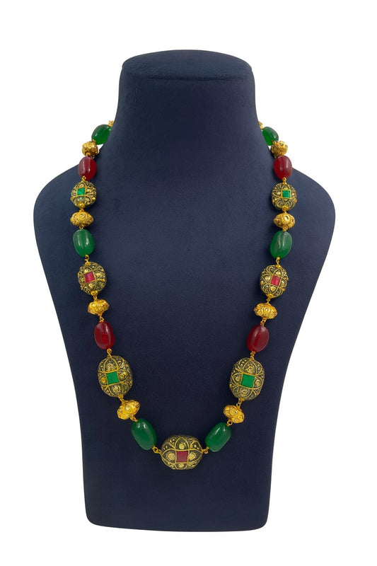Antique Gold-Toned Beaded mala with Red & Green beads