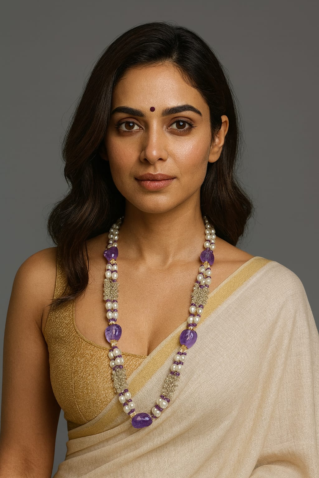 Elegant Royal Purple Beaded Pearl mala with Crystal Detailing