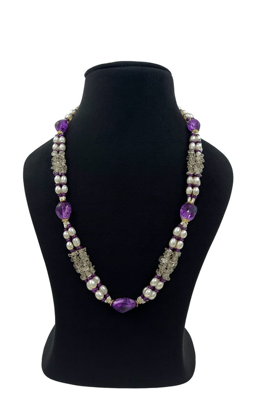 Elegant Royal Purple Beaded Pearl mala with Crystal Detailing