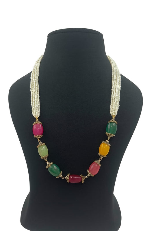 Multicolor Beaded Kundan with Pearl Strands mala for Women