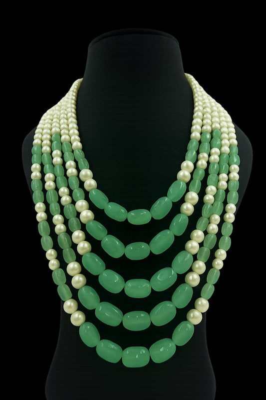 Elegant Multi-Layer Green Bead & White Pearl mala for Women