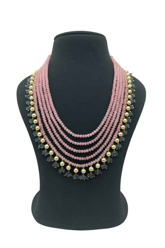 Elegant Pink Pearl Bead Mala with Blue Drop Beads