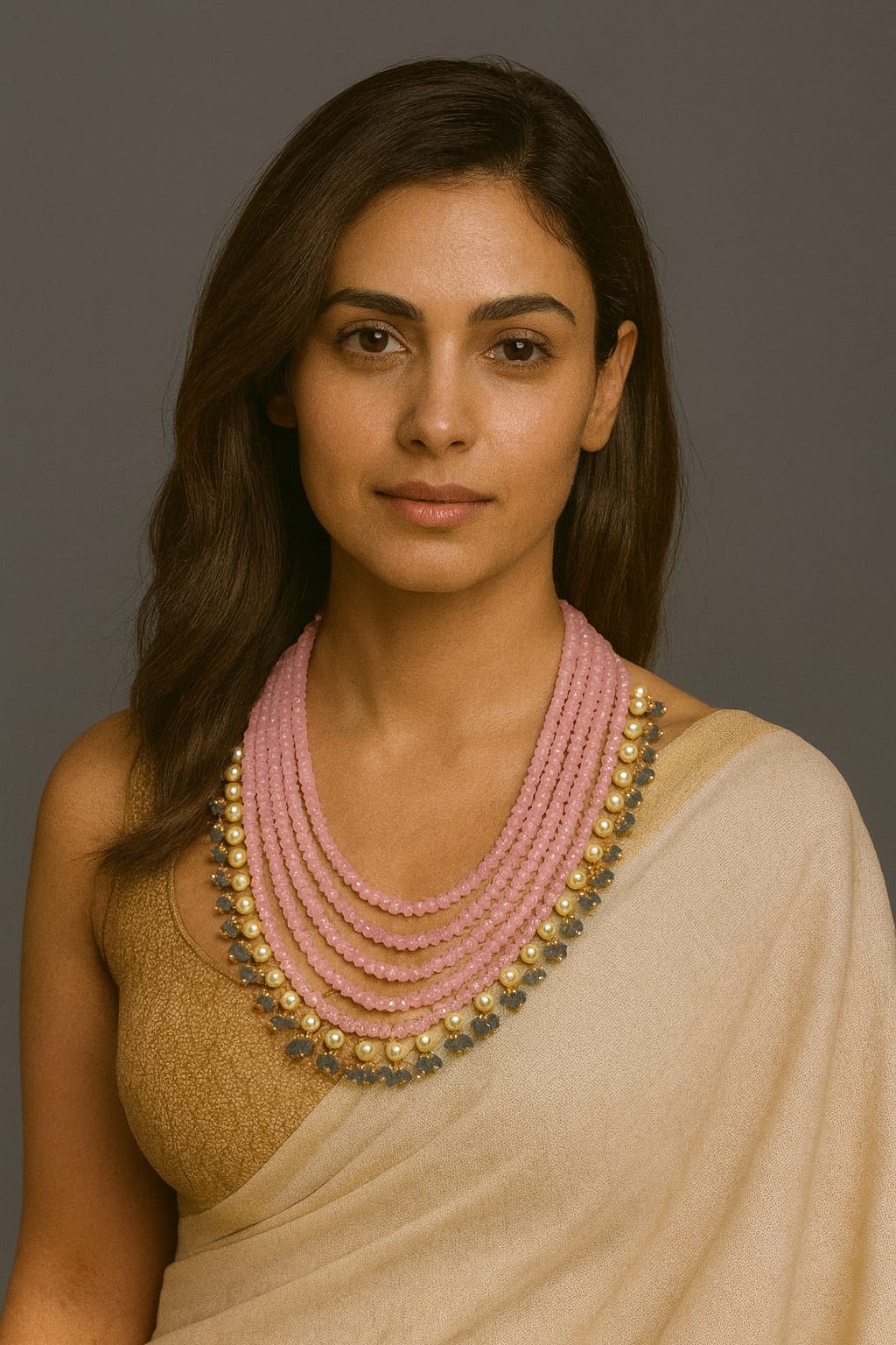 Elegant Pink Pearl Bead Mala with Blue Drop Beads