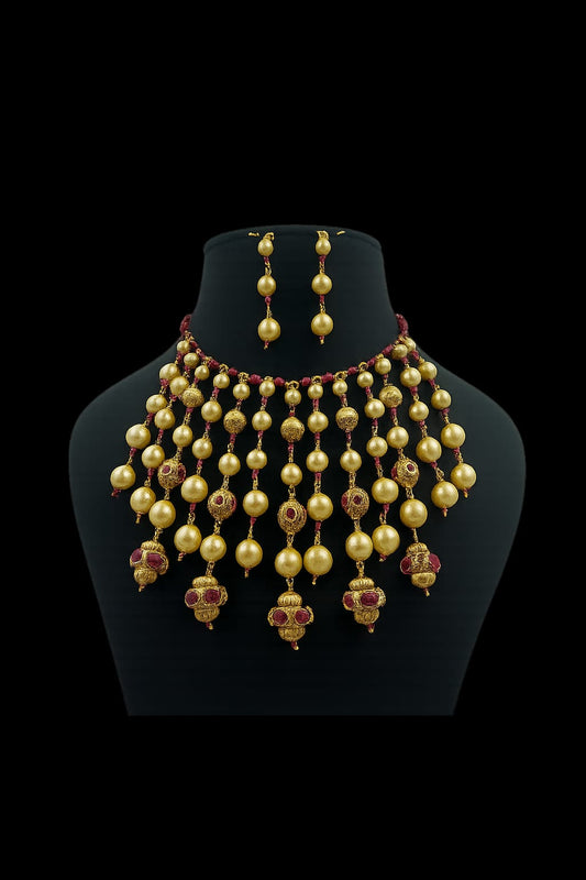 Antique Gold Pearl Kundan mala with red Beads & Earrings