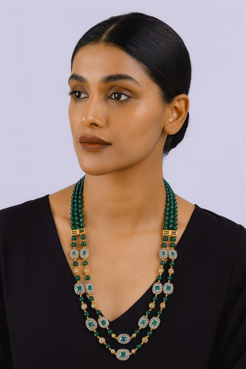 Ethnic two Layered mala Emerald Green Beads  for women