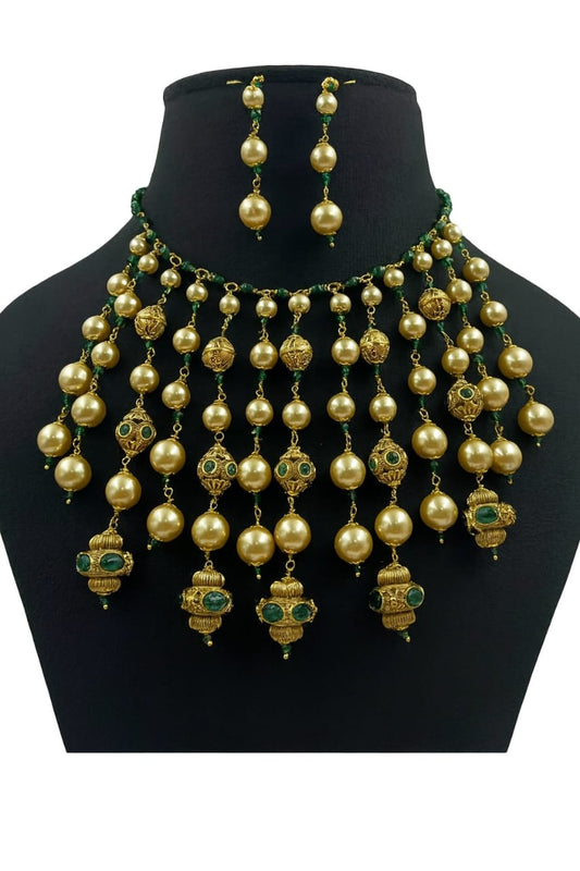 Antique Gold Pearl Kundan mala with Green Beads & Earrings