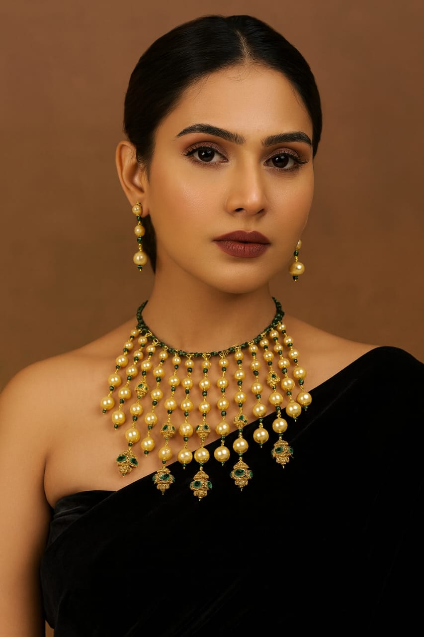 Antique Gold Pearl Kundan mala with Green Beads & Earrings