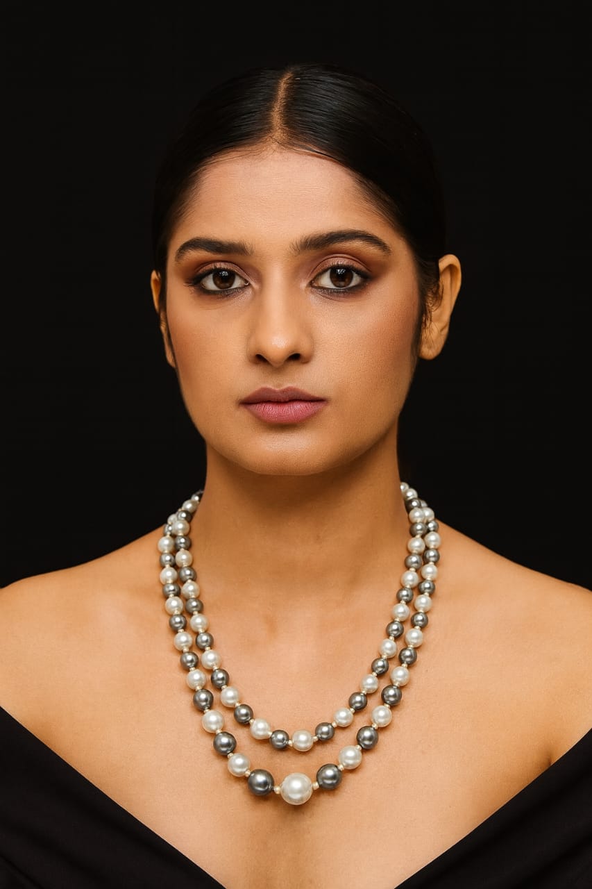 Classic Grey & White Beaded pearl two Layered mala for Women