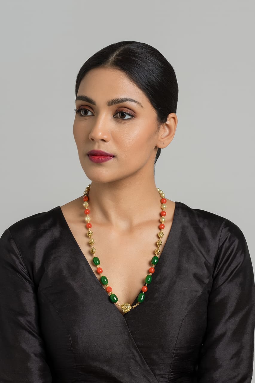 Handcrafted Long Green & Coral Beaded Mala for women