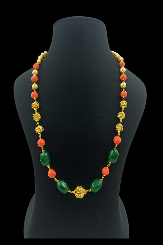 Handcrafted Long Green & Coral Beaded Mala for women