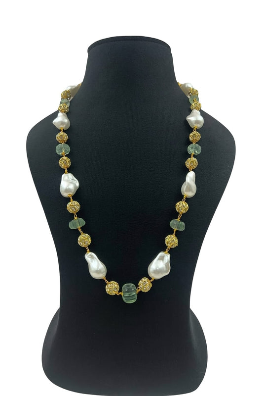 Handcrafted Baroque Pearl & Green Stone Mala For women