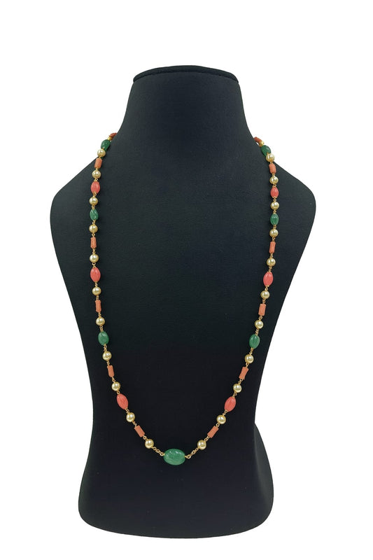 Elegant Green & Coral Beaded Mala With Stylish Long Gold Beaded