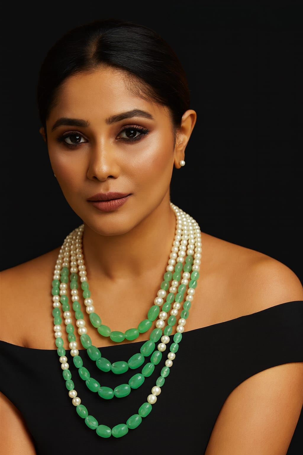 Elegant Multi-Layer Green Bead & White Pearl mala for Women