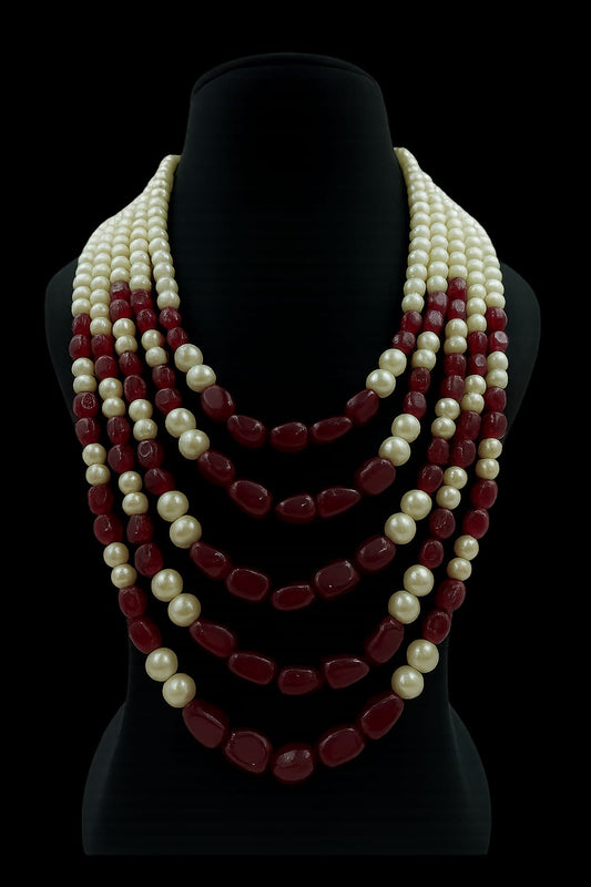 Elegant Multi-Layer Emerald Red Bead & White Pearl mala for Women