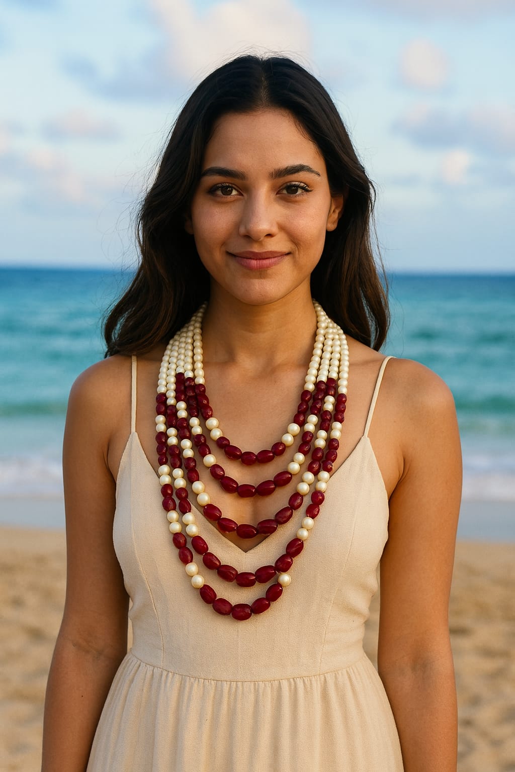 Elegant Multi-Layer Emerald Red Bead & White Pearl mala for Women