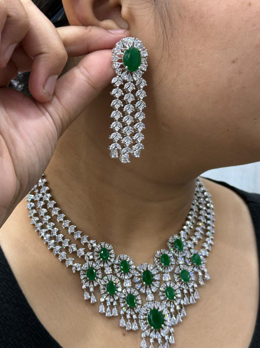 Beautiful CZ Necklace With Long Earrings In Emerald Green For Women