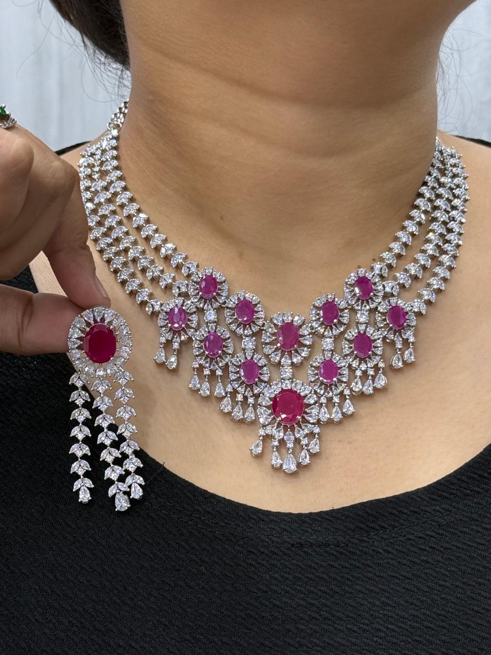 Beautiful CZ Necklace With Long Earrings In Ruby For Women