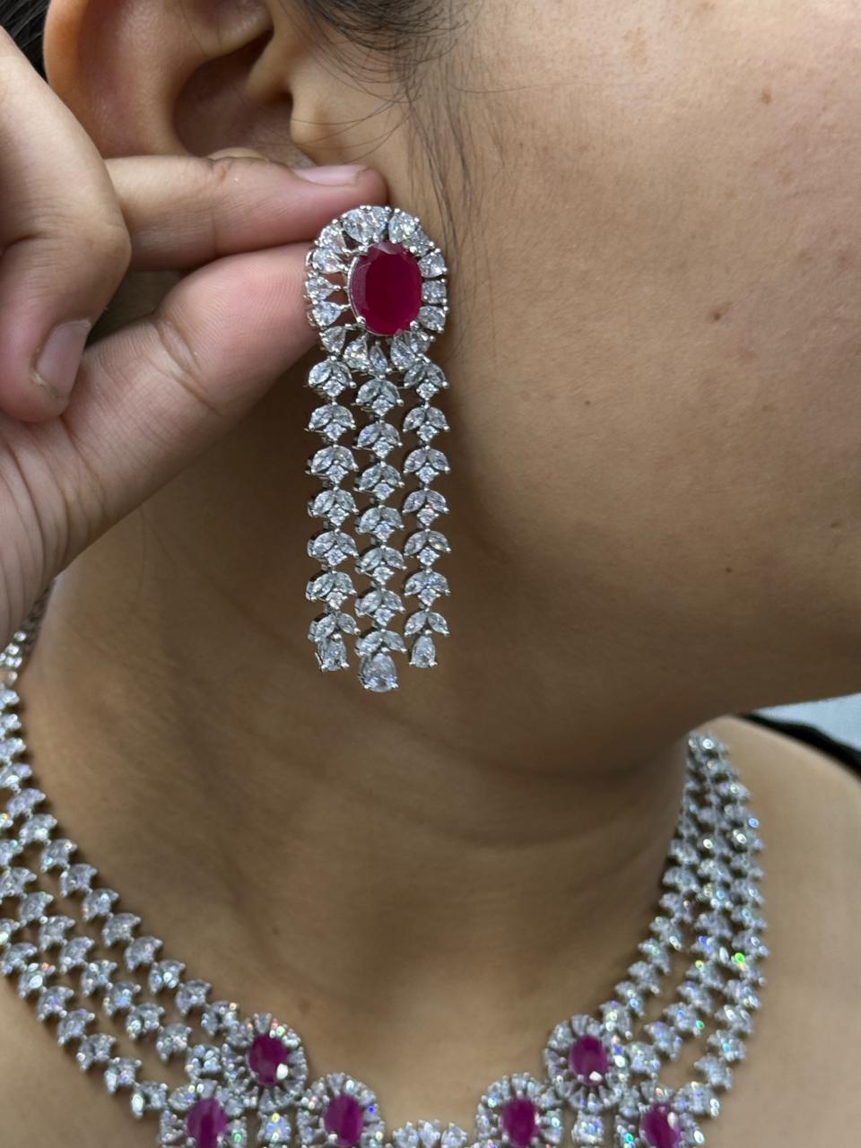 Beautiful CZ Necklace With Long Earrings In Ruby For Women