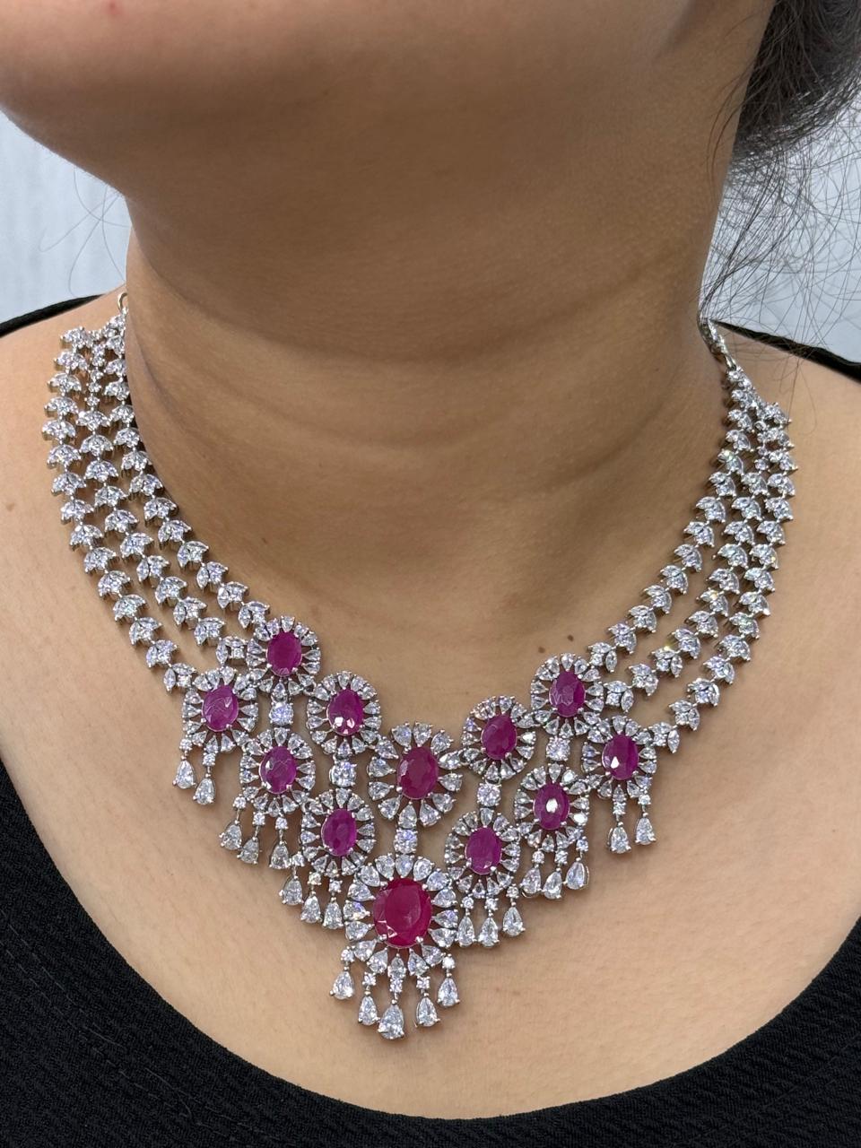 Beautiful CZ Necklace With Long Earrings In Ruby For Women