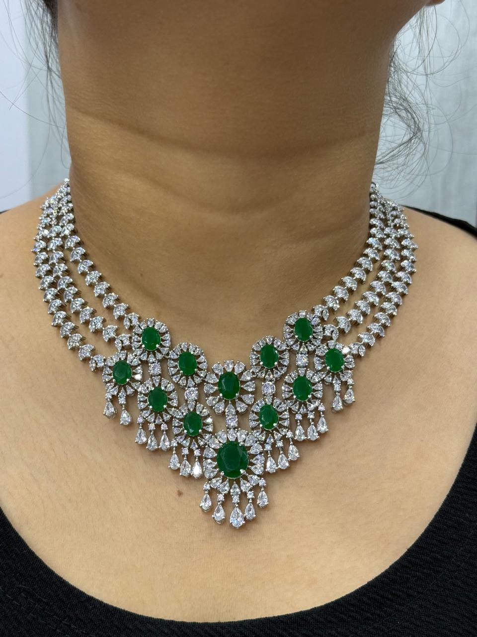 Beautiful CZ Necklace With Long Earrings In Emerald Green For Women