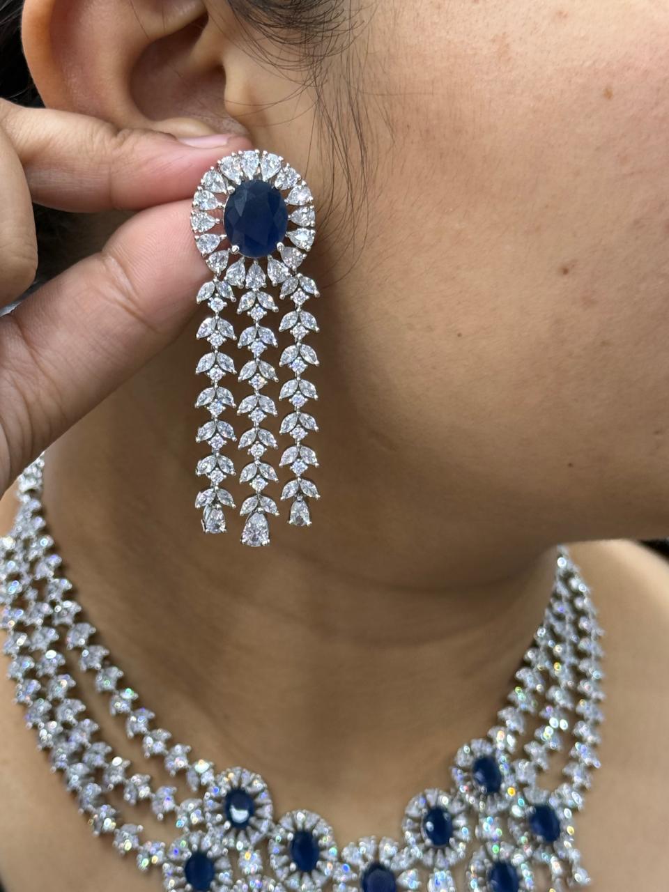 Beautiful CZ Necklace With Long Earrings In Blue For Women