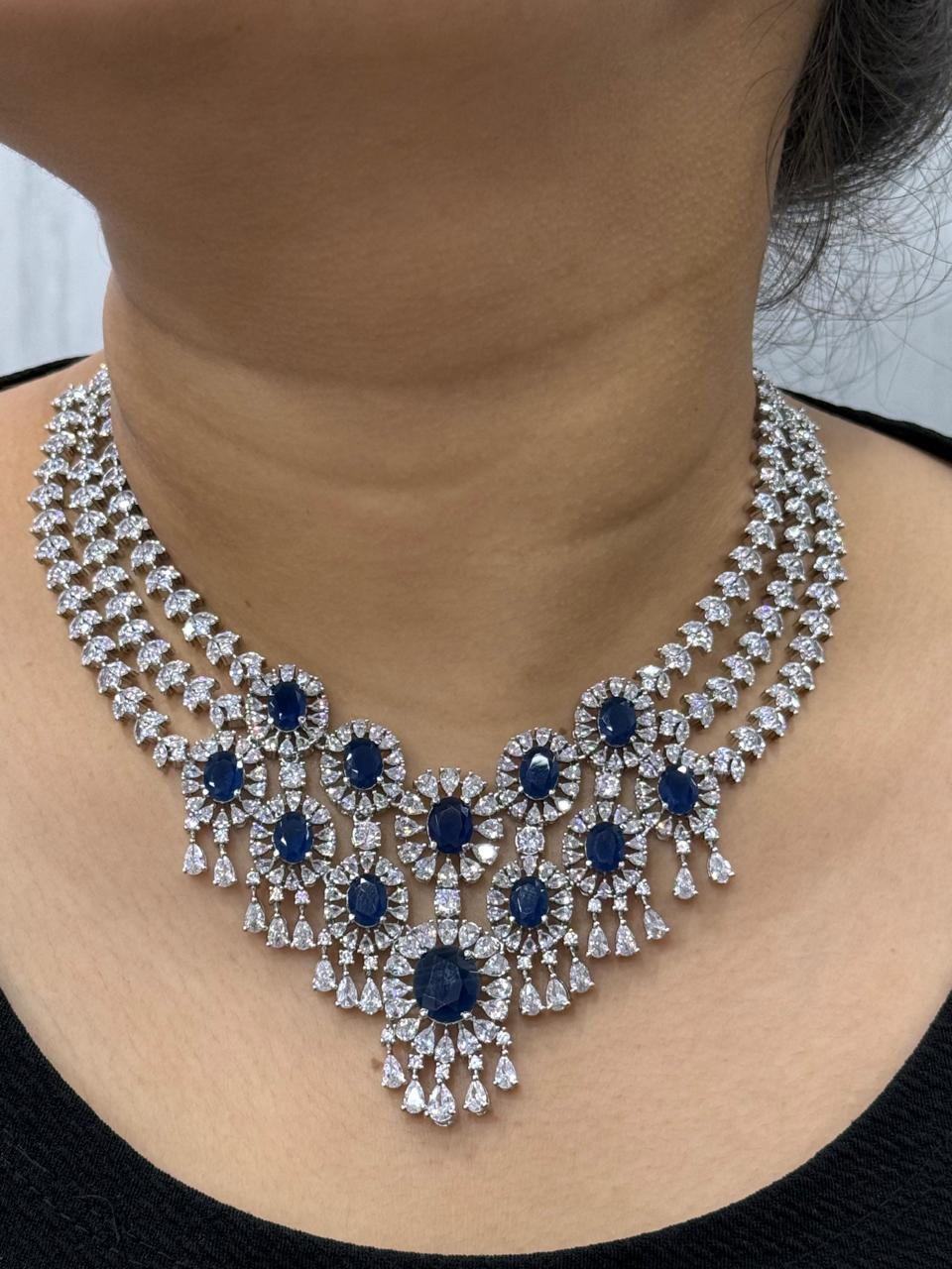 Beautiful CZ Necklace With Long Earrings In Blue For Women
