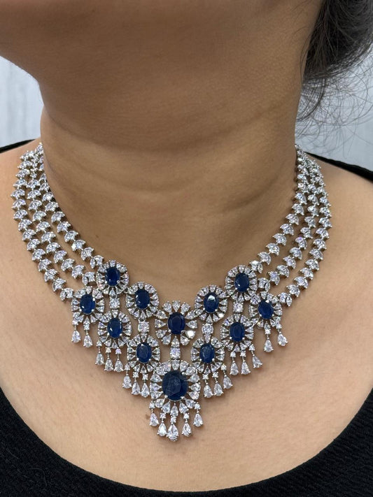 Beautiful CZ Necklace With Long Earrings In Blue For Women