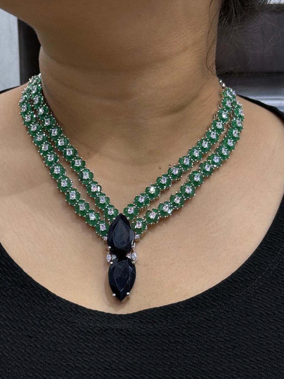 Beautiful CZ Necklace With Long Earrings In Emerald Green with Double Stone In Blue For Women