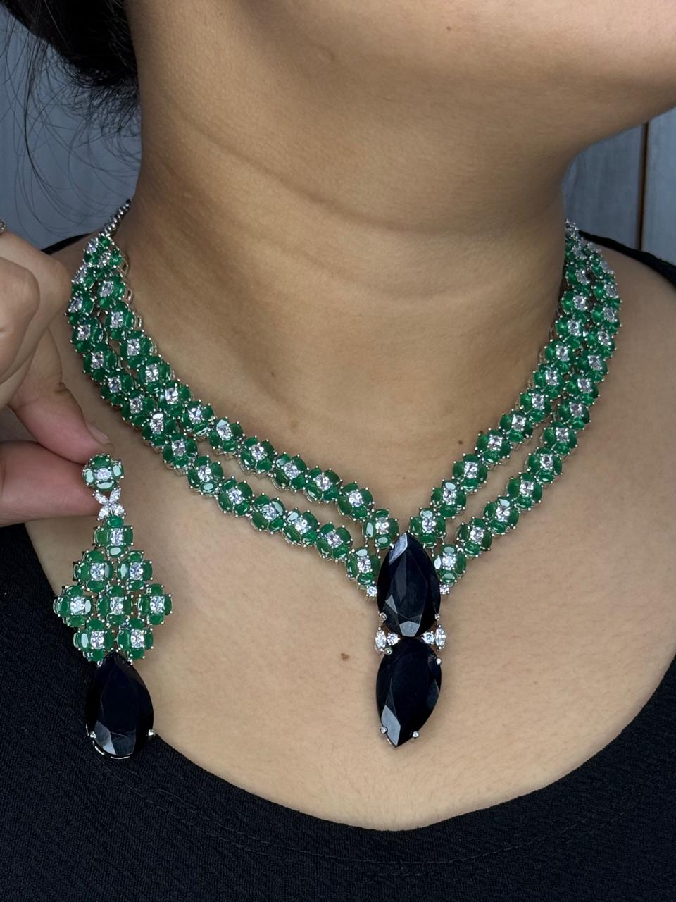 Beautiful CZ Necklace With Long Earrings In Emerald Green with Double Stone In Blue For Women
