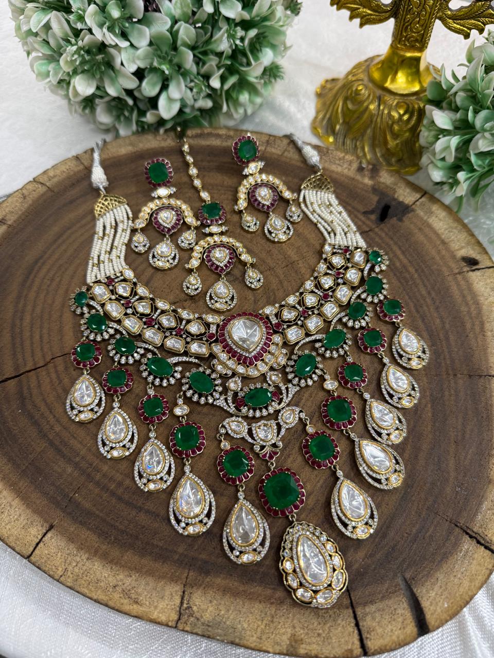 Bridal Necklace with mossanite and polki with green doublet stones with earring and tikka for women