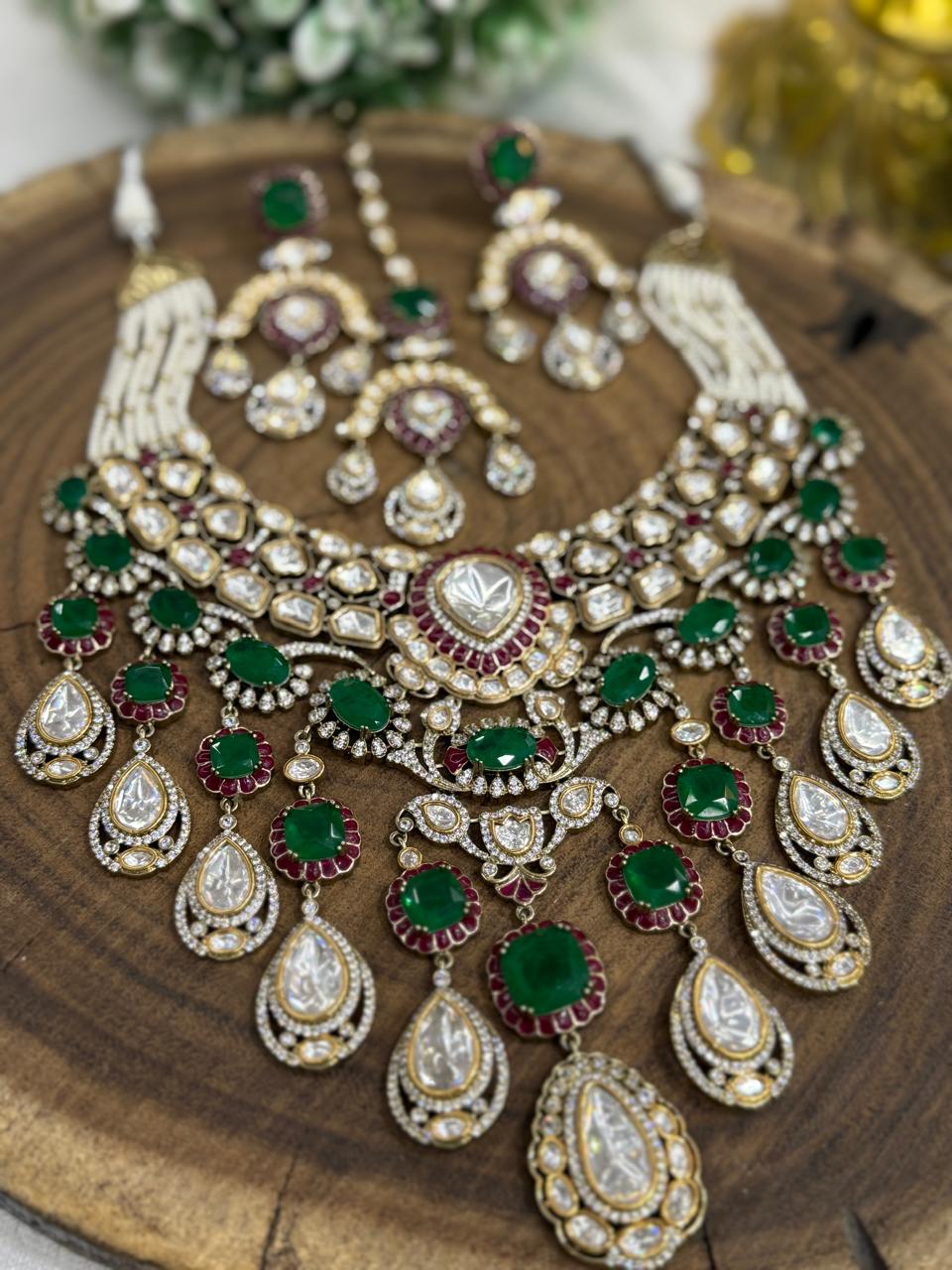 Bridal Necklace with mossanite and polki with green doublet stones with earring and tikka for women