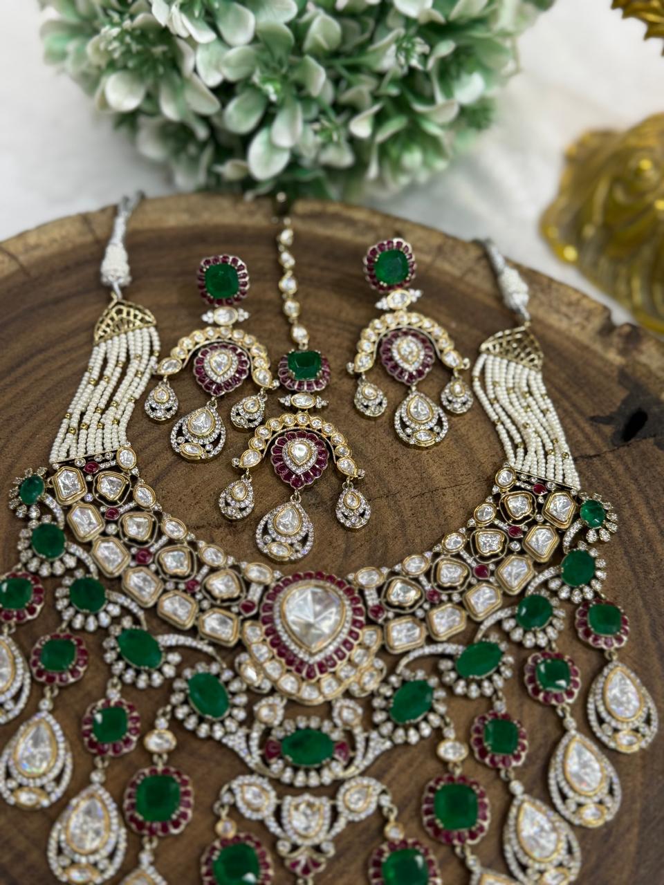 Bridal Necklace with mossanite and polki with green doublet stones with earring and tikka for women