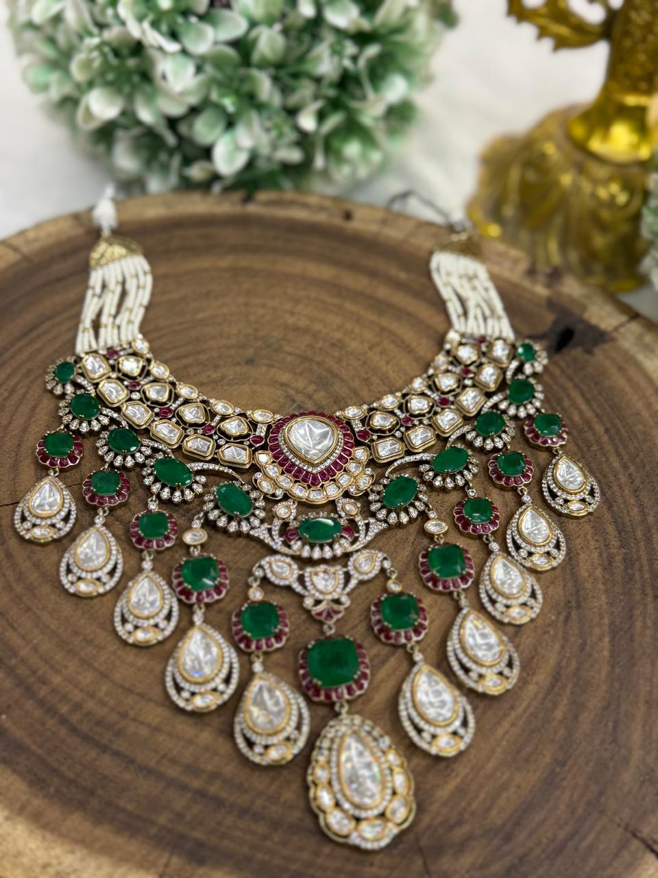 Bridal Necklace with mossanite and polki with green doublet stones with earring and tikka for women