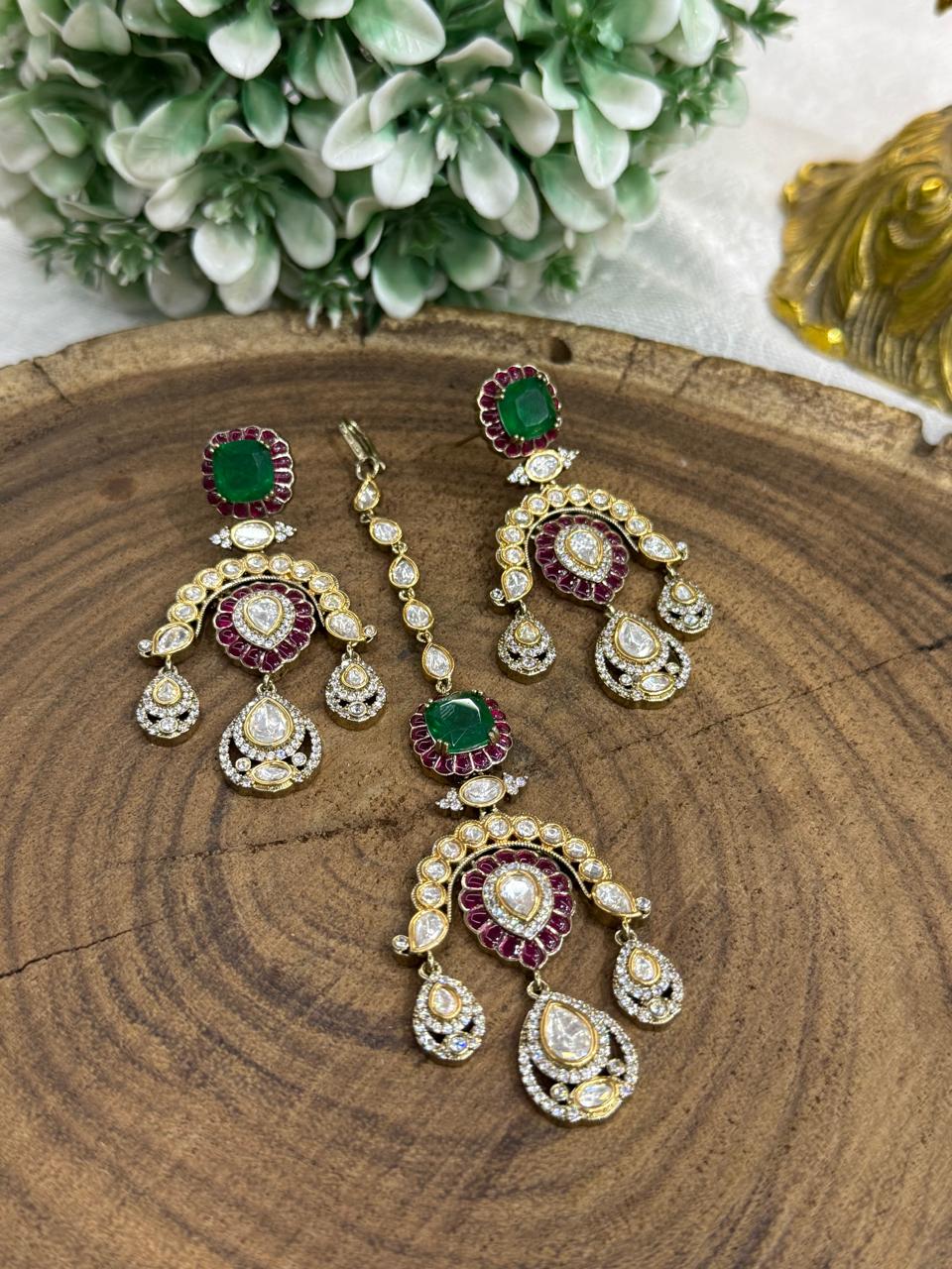 Bridal Necklace with mossanite and polki with green doublet stones with earring and tikka for women