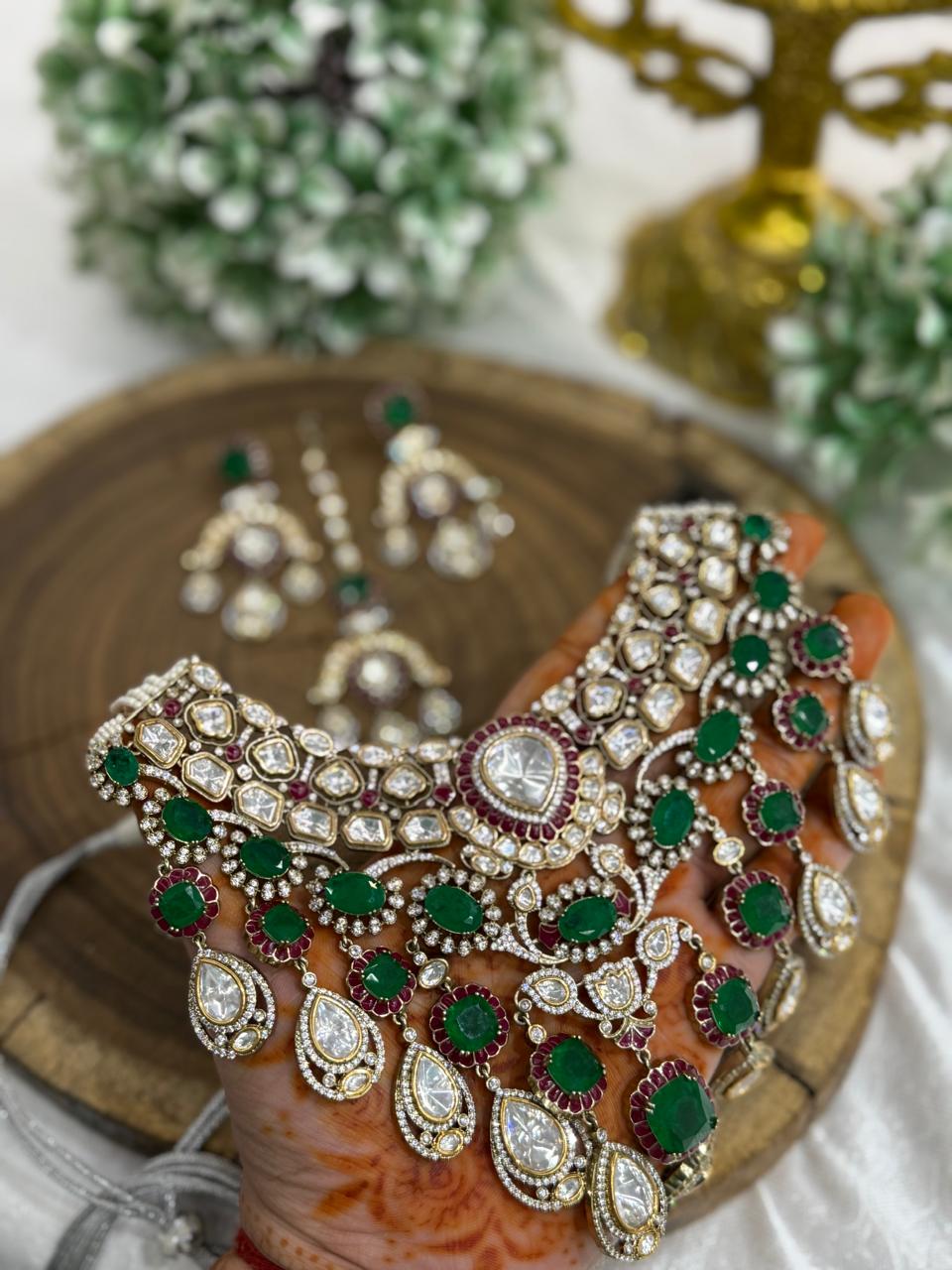 Bridal Necklace with mossanite and polki with green doublet stones with earring and tikka for women