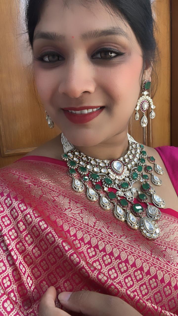 Bridal Necklace with mossanite and polki with green doublet stones with earring and tikka for women