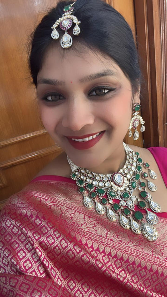 Bridal Necklace with mossanite and polki with green doublet stones with earring and tikka for women