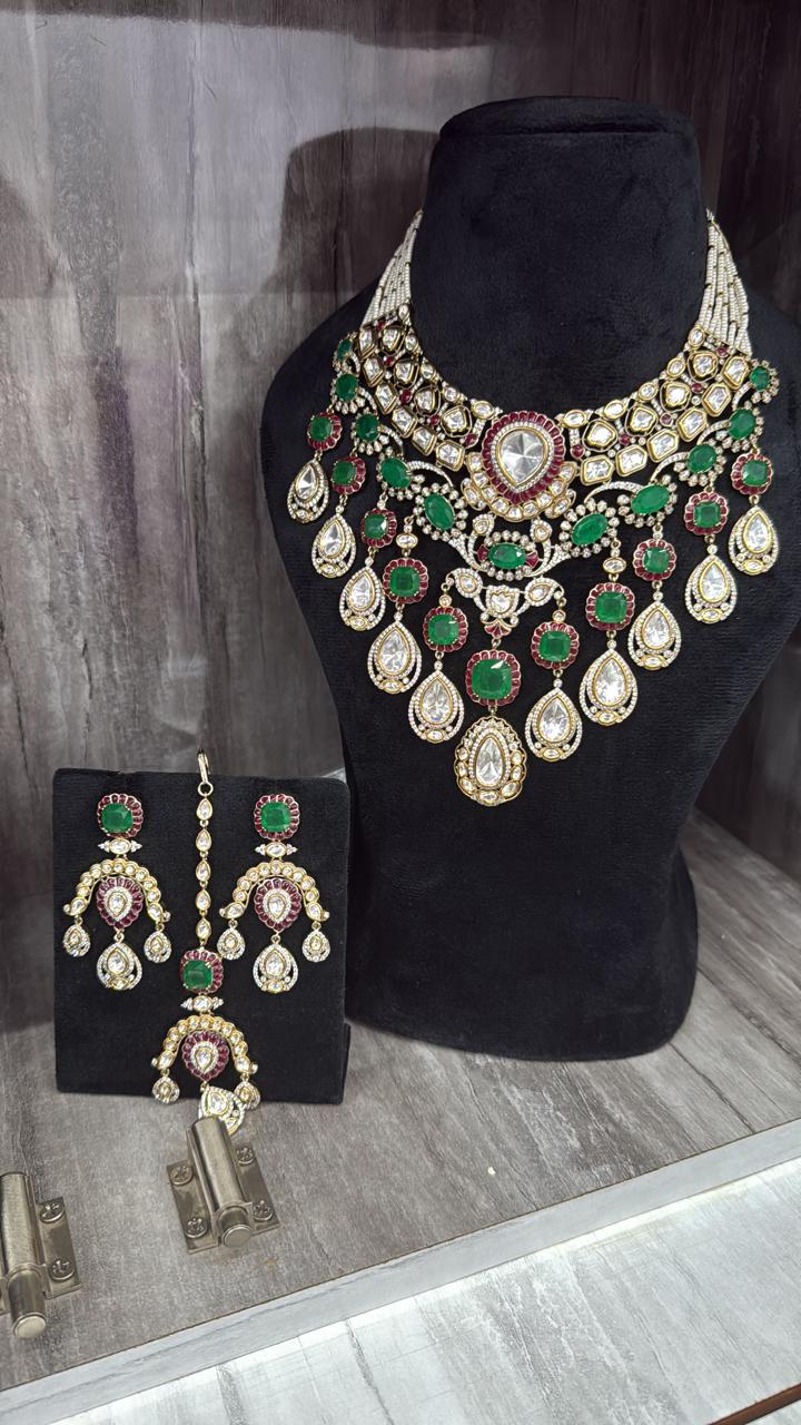 Bridal Necklace with mossanite and polki with green doublet stones with earring and tikka for women