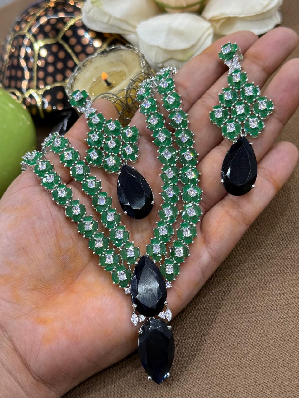 Beautiful CZ Necklace With Long Earrings In Emerald Green with Double Stone In Blue For Women