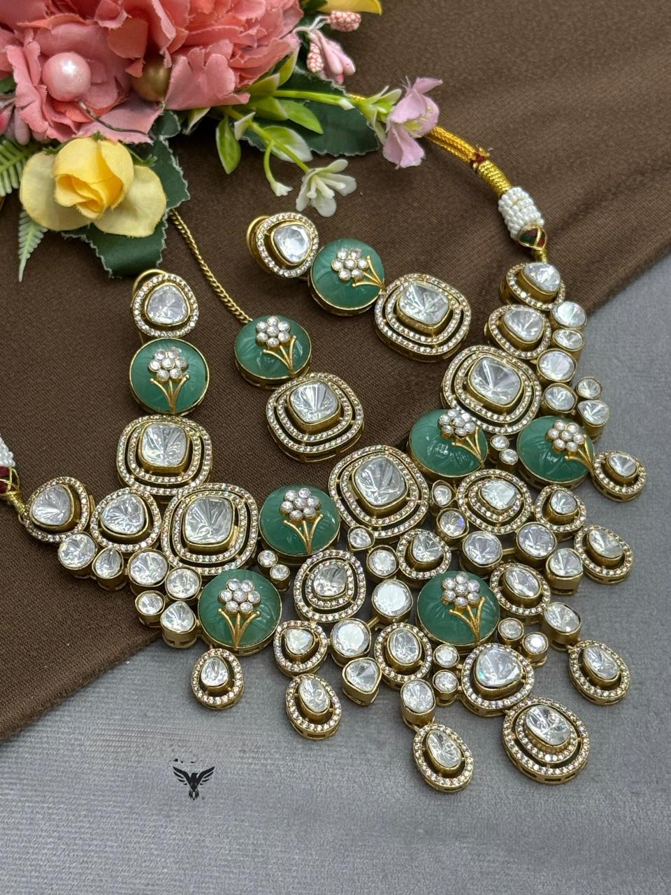 Carved Stone with mossanite and cz Semi Bridal Choker