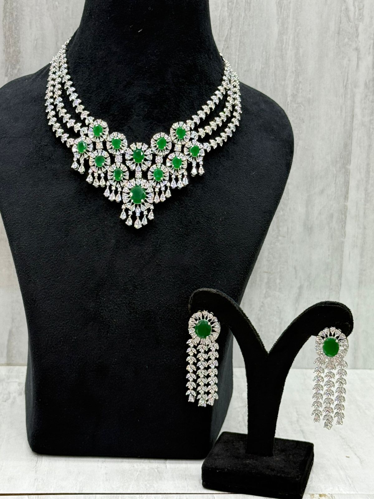 Beautiful CZ Necklace With Long Earrings In Emerald Green For Women