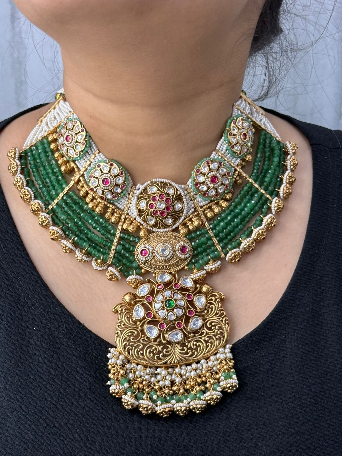 Rajwadi traditional style kundan Broad necklace beading in green for womens