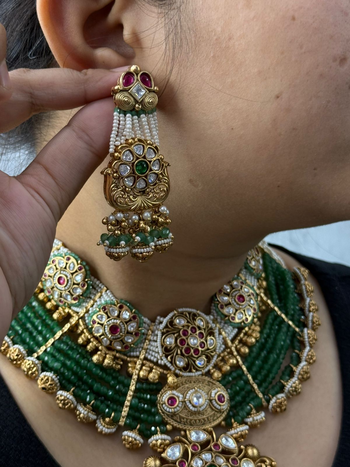 Rajwadi traditional style kundan Broad necklace beading in green for womens