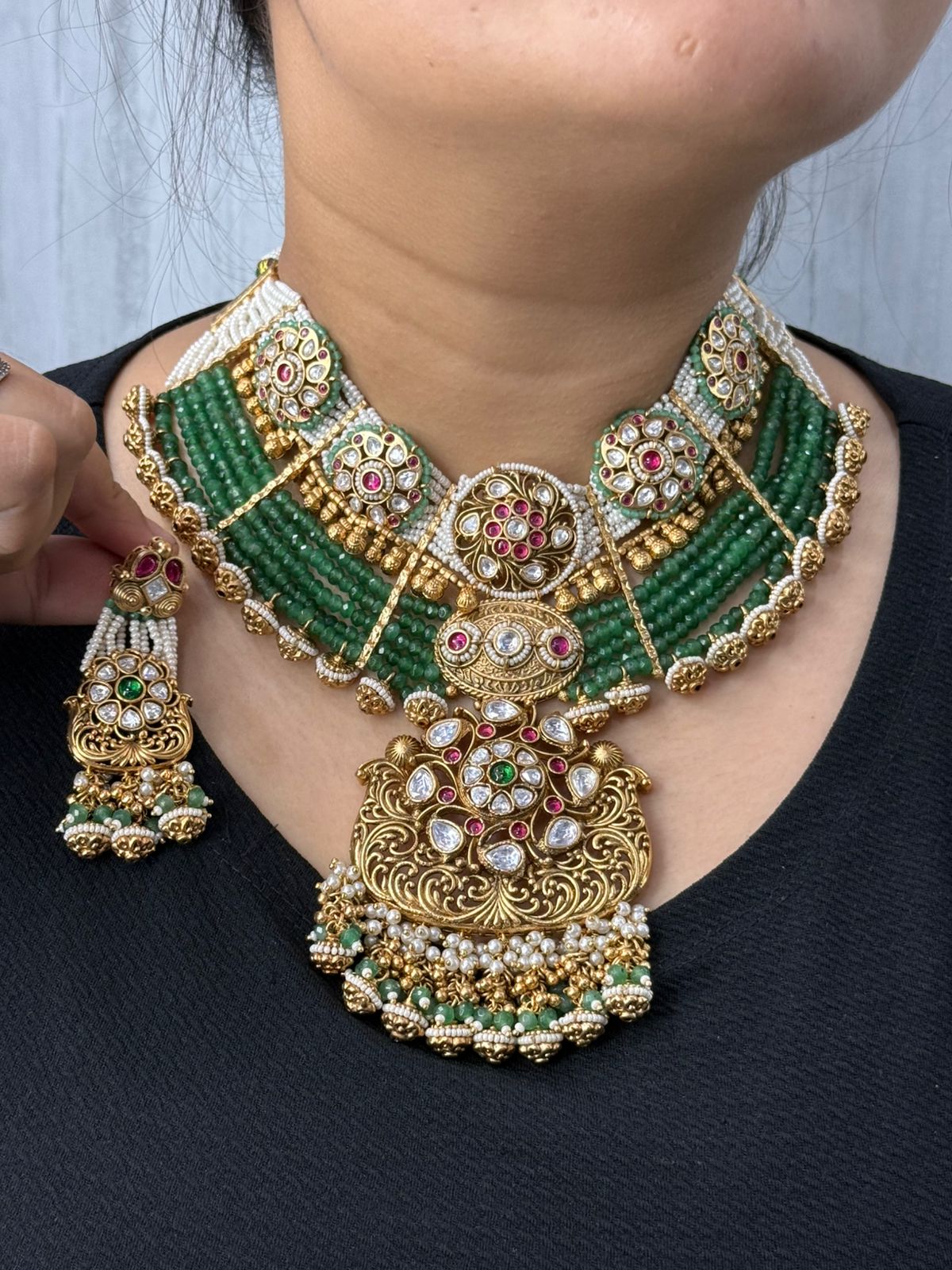 Rajwadi traditional style kundan Broad necklace beading in green for womens