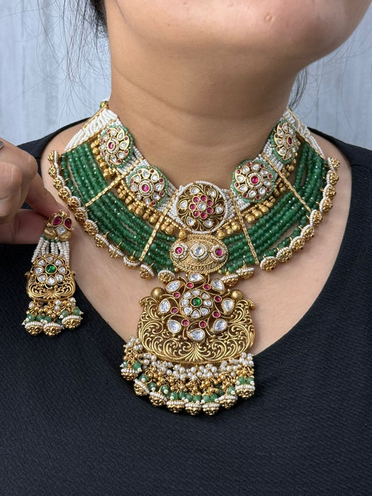 Rajwadi traditional style kundan Broad necklace beading in green for womens